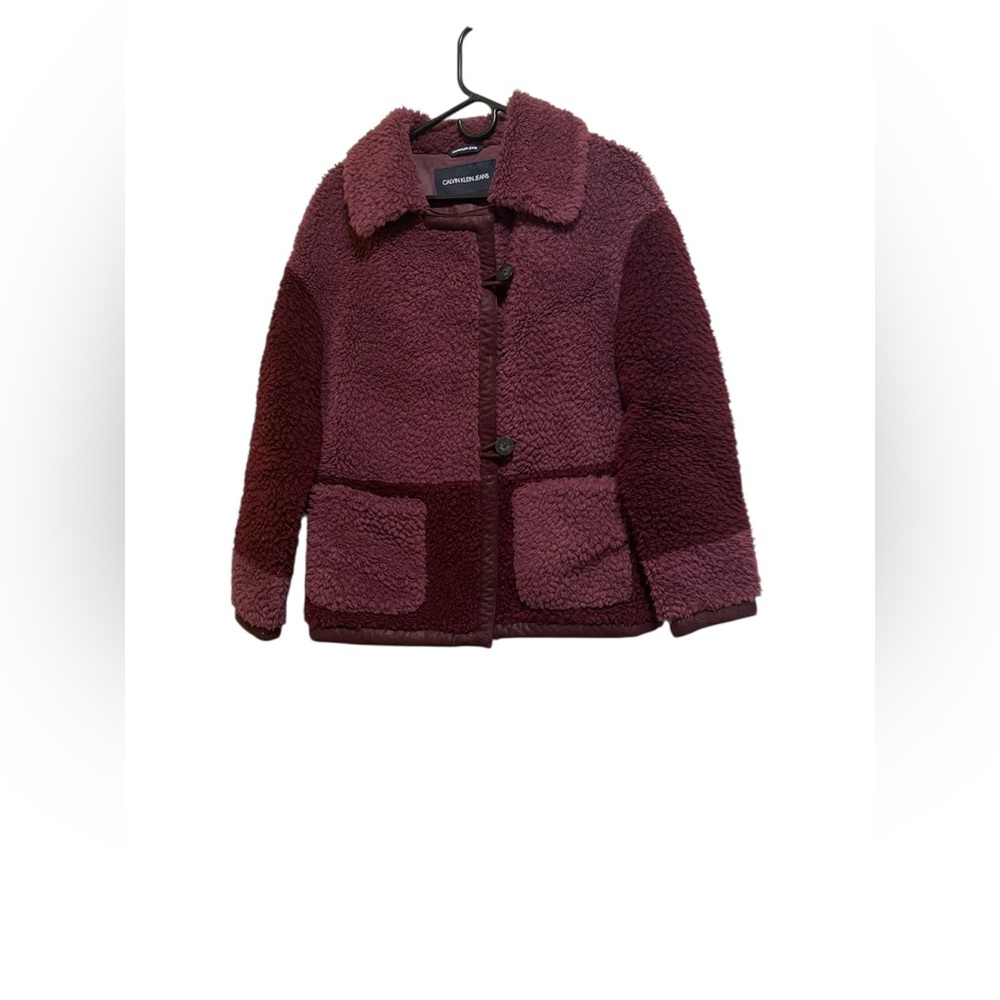CALVIN KLEIN FAUX-COZY SHERPA COAT WOMENS FAUX LINING COLLAR BURGUNDY SIZE XS **